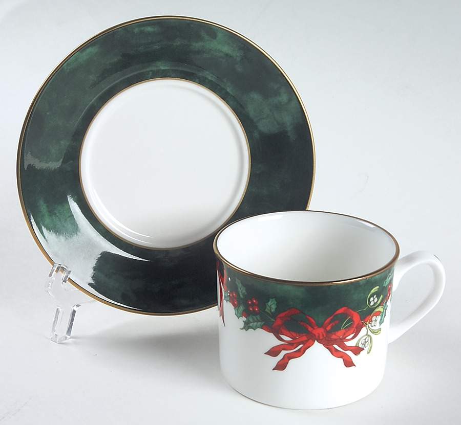 Holly Ribbons Green Flat Cup & Saucer Set by Royal Worcester-1