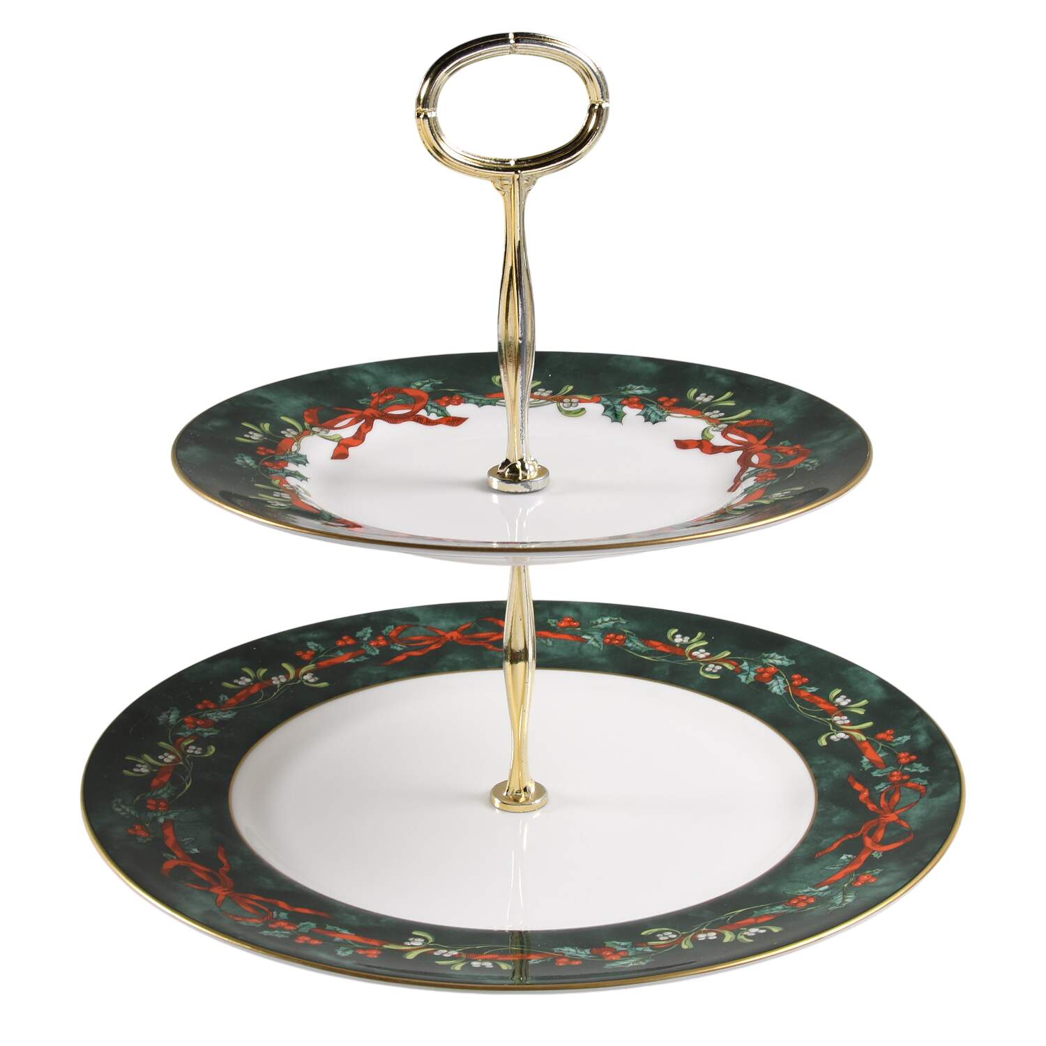 Holly Ribbons Green 6 5/8"-10"  2 Tiered Serving Tray (Dp, Sp) HC by Royal Worcester-1