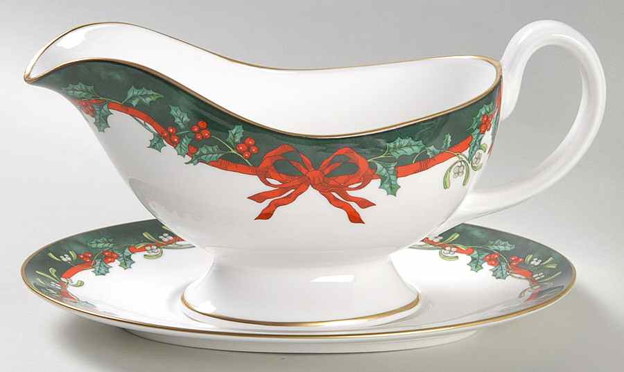 Holly Ribbons Green Gravy Boat & Underplate by Royal Worcester-1