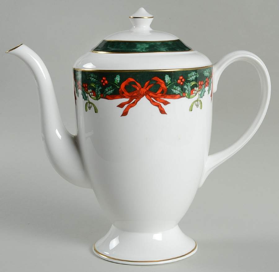 Holly Ribbons Green Coffee Pot & Lid by Royal Worcester-1