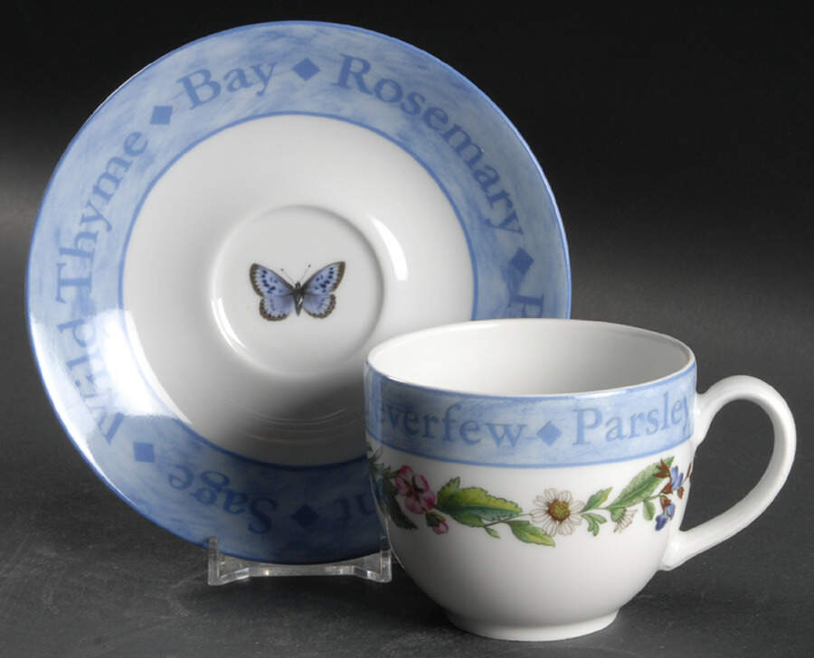 Herb Garden (Blue Rim with Herb Names) Flat Cup & Saucer Set by Royal Worcester-1