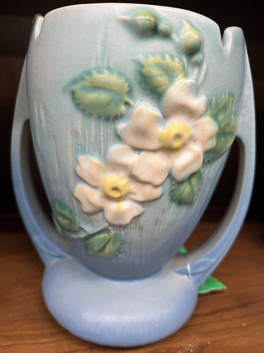 White Rose Blue Azure 8" Handled Vase by Roseville-1