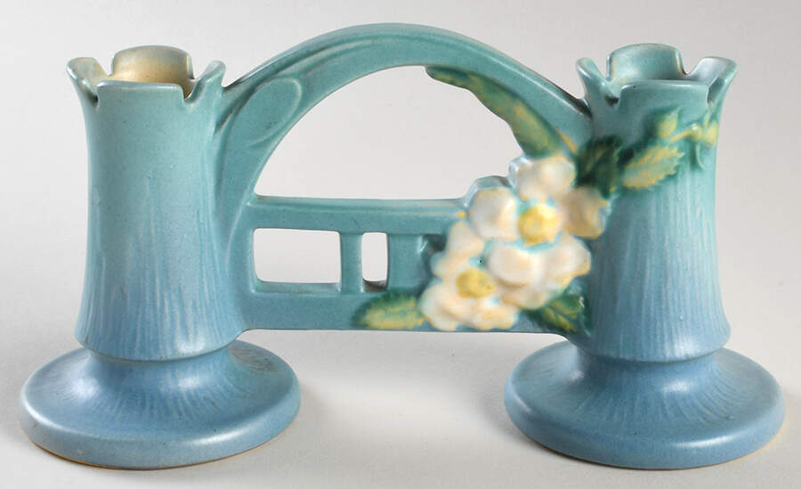 White Rose Blue Azure 4" Gate Vase (Double Bud) by Roseville-1