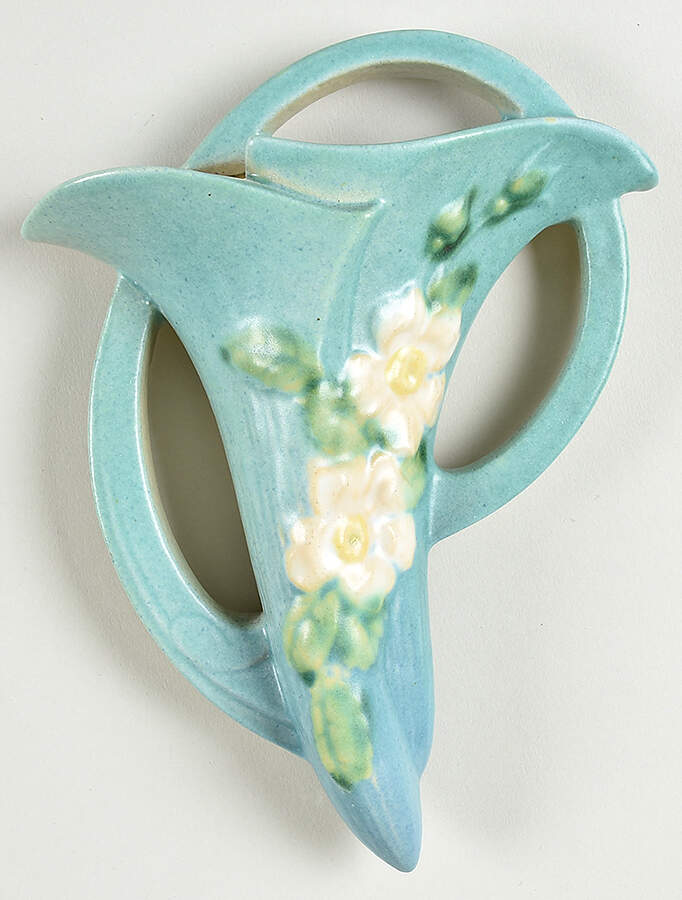 White Rose Blue Azure 6" Wall Pocket Vase by Roseville-1