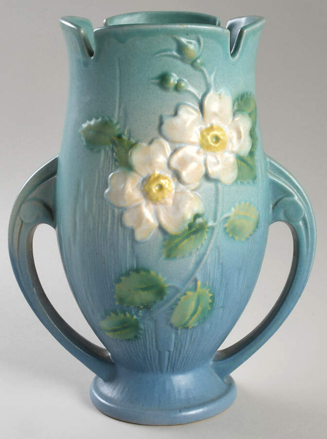 White Rose Blue Azure 9" Handled Vase by Roseville-1