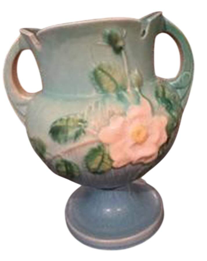 White Rose Blue Azure 8" Footed Vase by Roseville-1