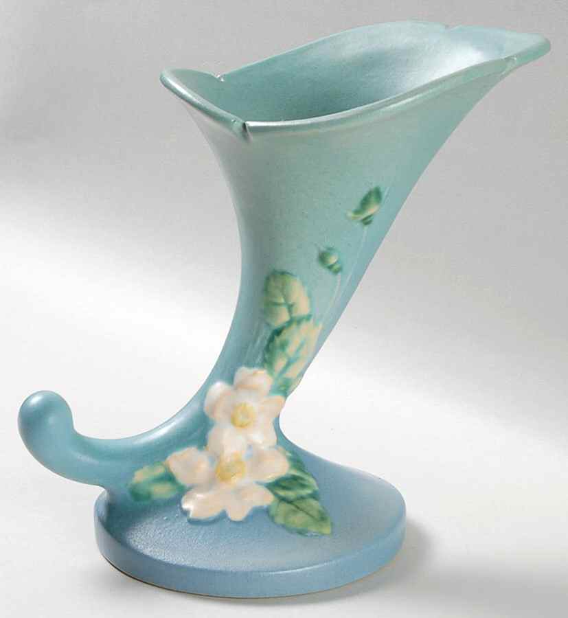 White Rose Blue Azure 8" Cornucopia by Roseville-1