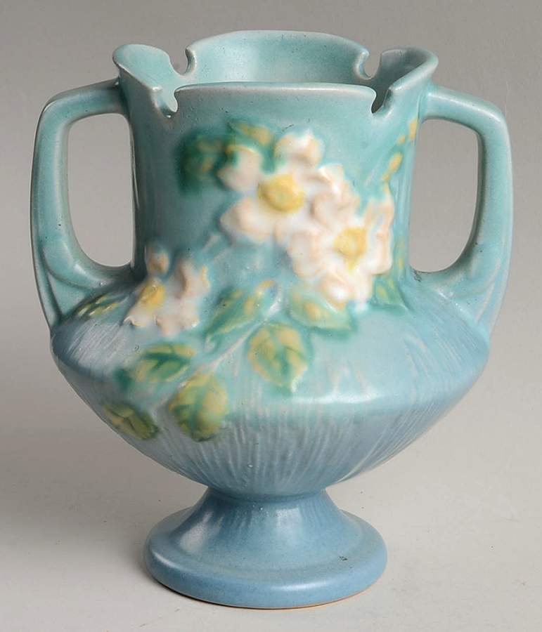 White Rose Blue Azure 6" Footed Vase by Roseville-1