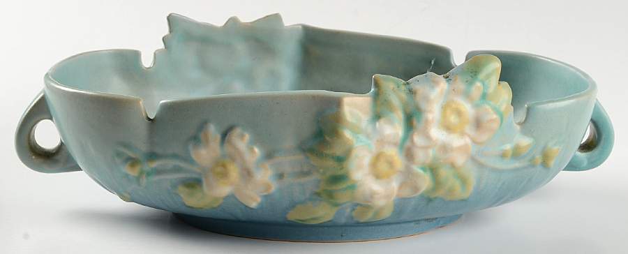 White Rose Blue Azure 10" Oval Handled Bowl by Roseville-1