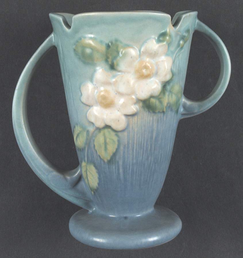 White Rose Blue Azure 7" Handled Vase by Roseville-1
