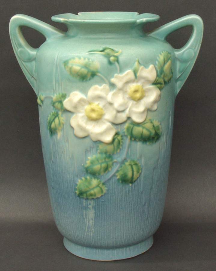 White Rose Blue Azure 10" Handled Vase by Roseville-1