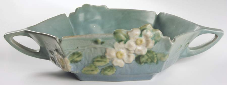 White Rose Blue Azure 12" Oval Handled Bowl by Roseville-1