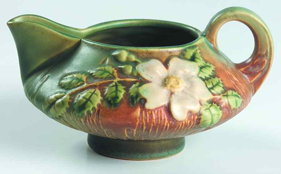 White Rose (Brown, Terra Cotta and Green) Creamer by Roseville-1