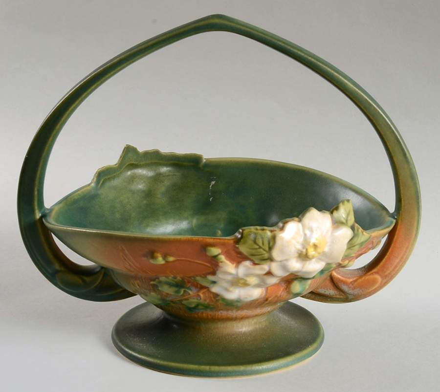 White Rose (Brown, Terra Cotta and Green) 8" Handled Basket by Roseville-1