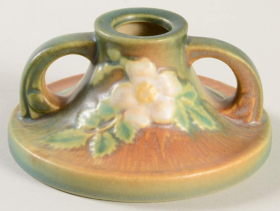 White Rose (Brown, Terra Cotta and Green) Single Light Candlestick by Roseville-1