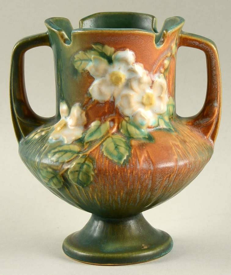 White Rose (Brown, Terra Cotta and Green) 6" Footed Vase by Roseville-1