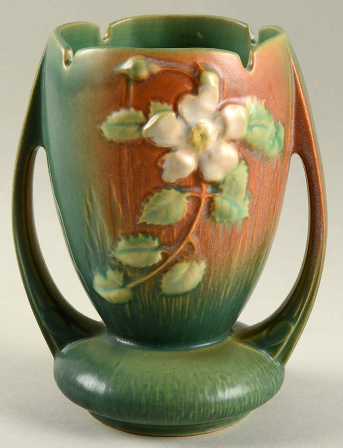 White Rose (Brown, Terra Cotta and Green) 7" Handled Vase by Roseville-1