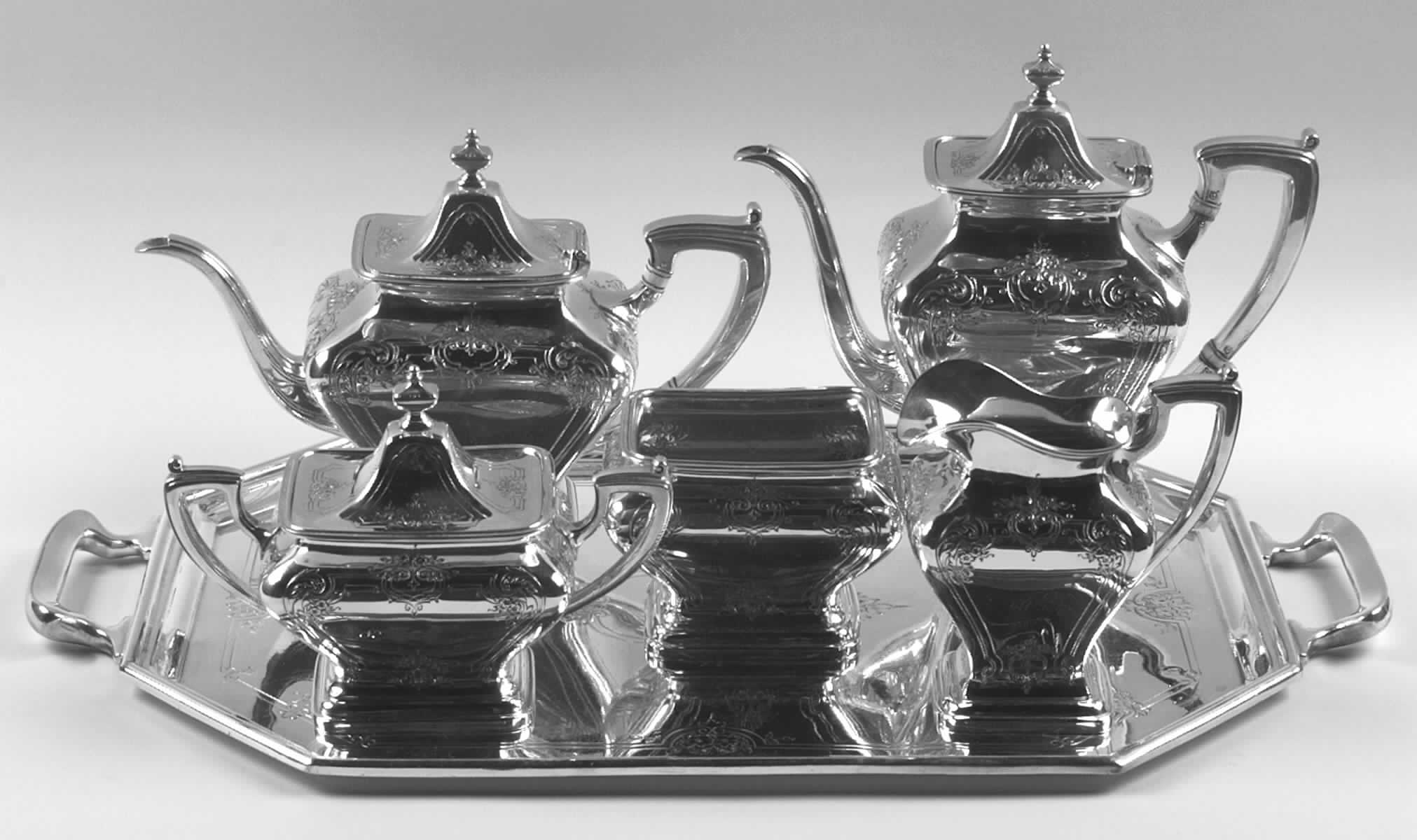Jacobean-Engraved (Sterling, #740C, Hollowware) 6 Piece Tea Set (SCP, STP, SCR, SSU, SWB, PWT) by Reed & Barton-1