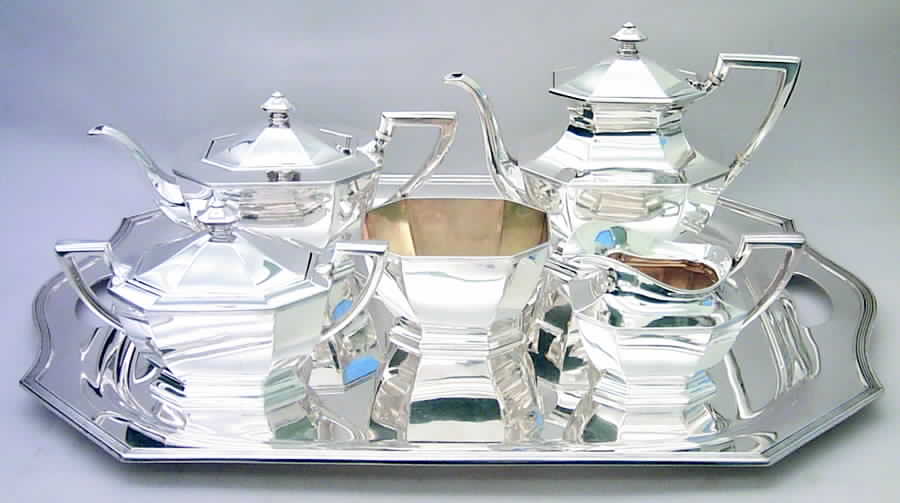 Queen Anne-Plain (Sterling, 1910, Hollowware) 6 Piece Tea Set (SCP, STP, SCR, SSU, SWB, WTL) by Reed & Barton-1