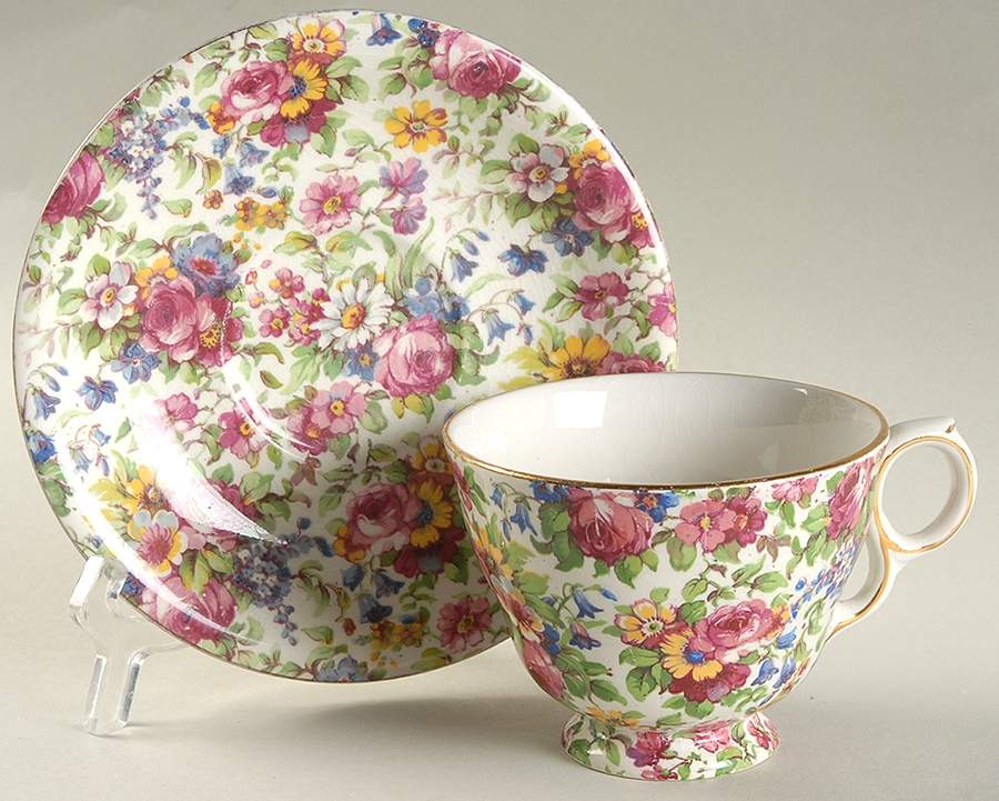 Summertime (Post 1960, White Background, Gold Trim) Footed Cup & Saucer Set by Royal Winton-1