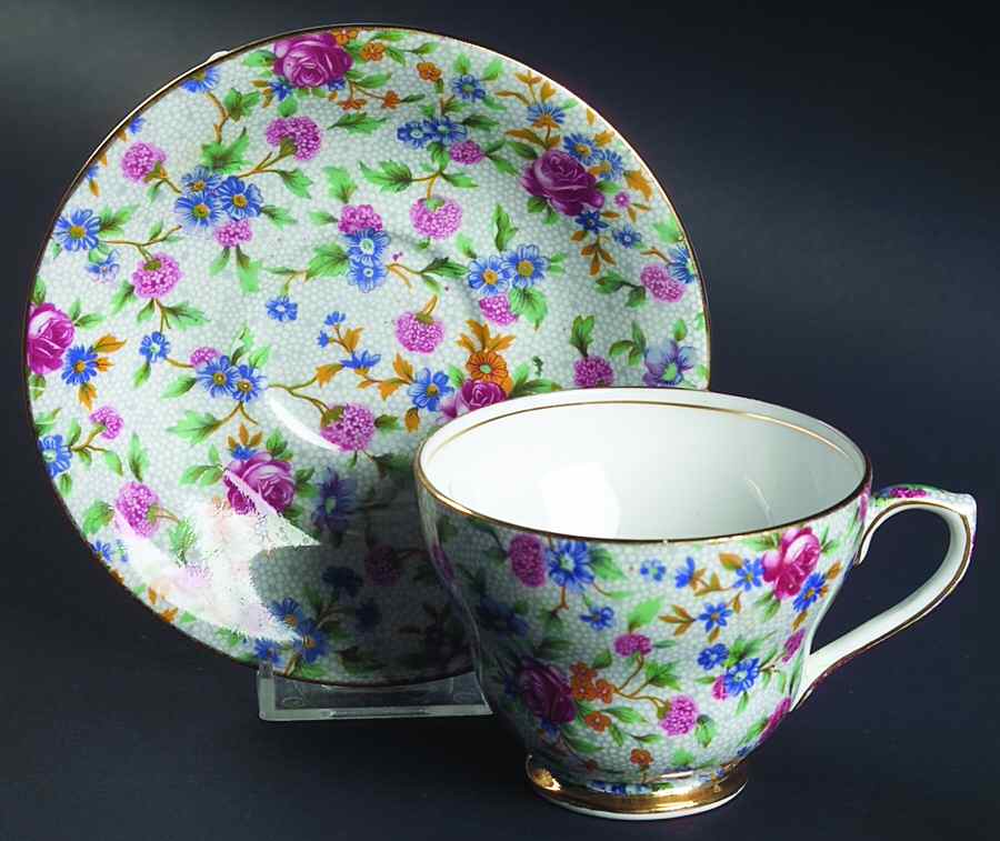 Old Cottage Chintz (Post 1960, White) Footed Cup & Saucer Set by Royal Winton-1