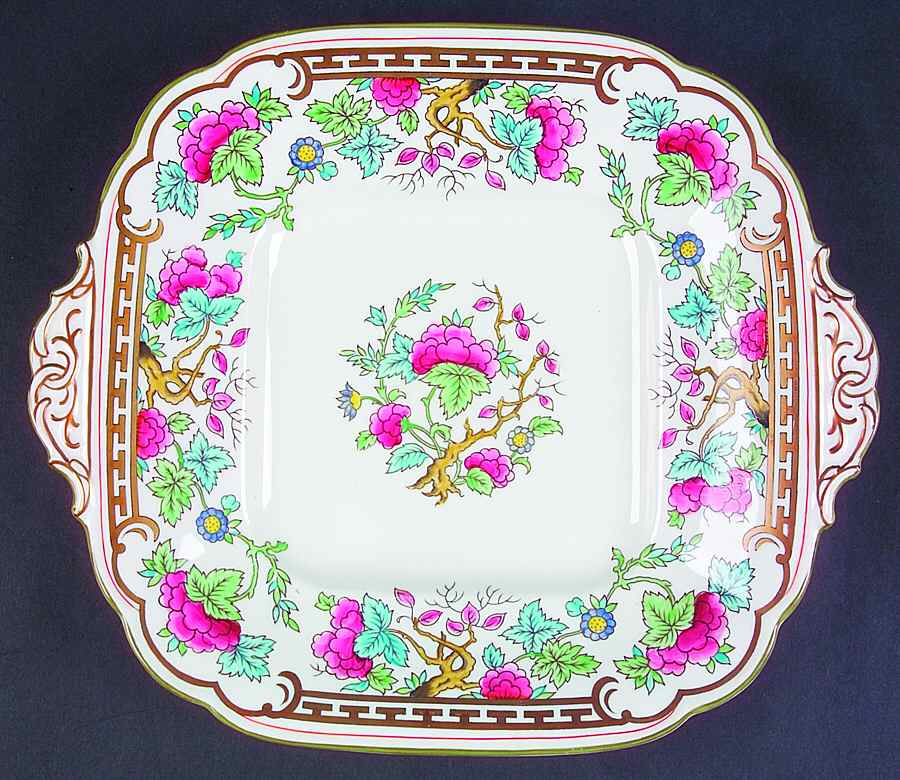 Indiana (Green Trim) Square Handled Cake Plate by Royal Crown Derby-1