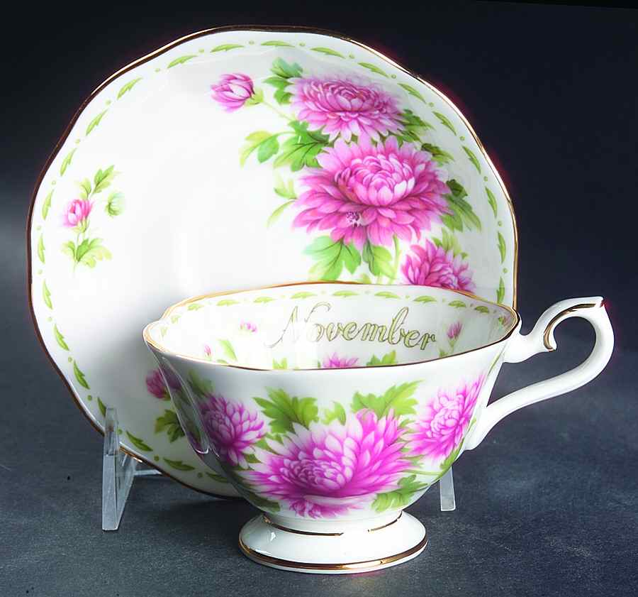 Flower of The Month (Newer, Hampton) Footed Cup & Saucer Set by Royal Albert-1