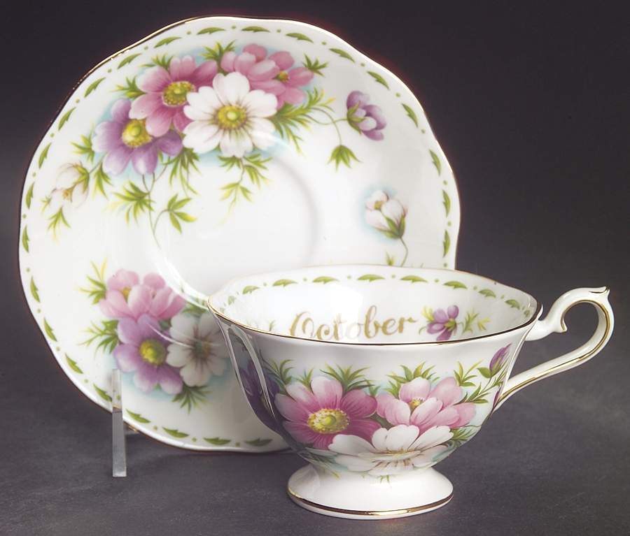 Flower of The Month (Newer, Hampton) Footed Cup & Saucer Set by Royal Albert-1