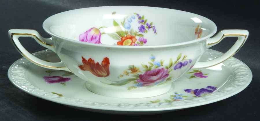 Flowers (Maria Stamp) Footed Cream Soup Bowl & Saucer Set by Rosenthal - Continental-1