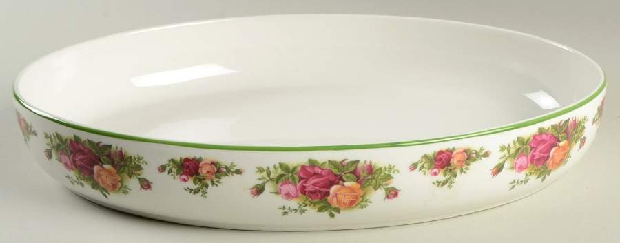 Old Country Roses White (Green Trim) 14" Oval Baker by Royal Albert-1