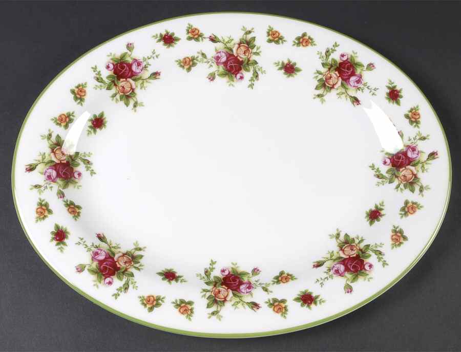 Old Country Roses White (Green Trim) 13" Oval Serving Platter by Royal Albert-1