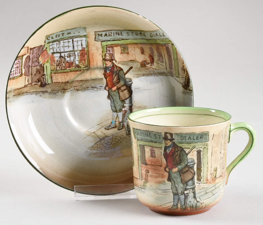 Dickens (Green Trim) Flat Cup & Saucer Set by Royal Doulton-1