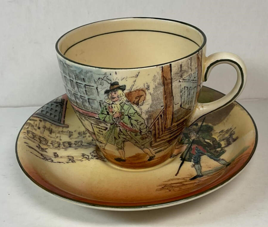 Dickens (Green Trim) Flat Cup & Saucer Set by Royal Doulton-1