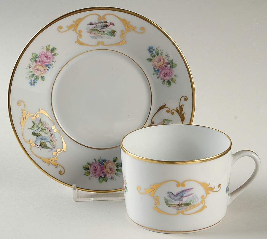 Oiseaux Roses (Smooth) Flat Cup & Saucer Set by Royale (France)-1
