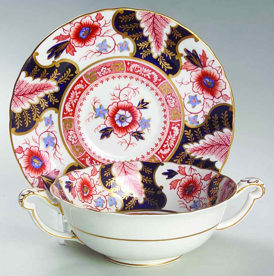 Battersea (Scalloped) Footed Cream Soup Bowl & Saucer Set by Royal Crown Derby-1