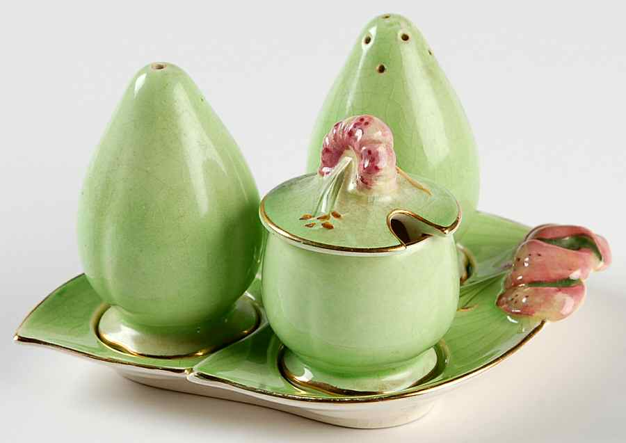 Tiger Lily Green Salt & Pepper, Mustard with Lid & Tray by Royal Winton-1