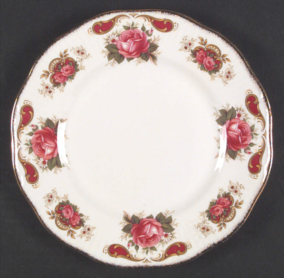 Centenary Year (Diff Color Scroll, Roses) Dessert/Pie Plate by Rosina-Queens-1