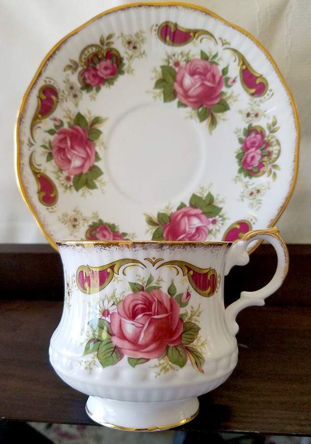 Centenary Year (Diff Color Scroll, Roses) Footed Cup & Saucer Set by Rosina-Queens-1