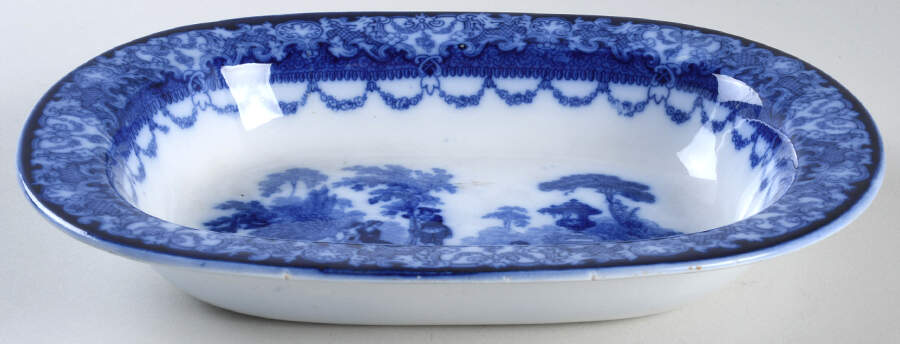 Watteau (Flow Blue, No Trim, Smooth) 10" Oval Vegetable Bowl by Royal Doulton-1