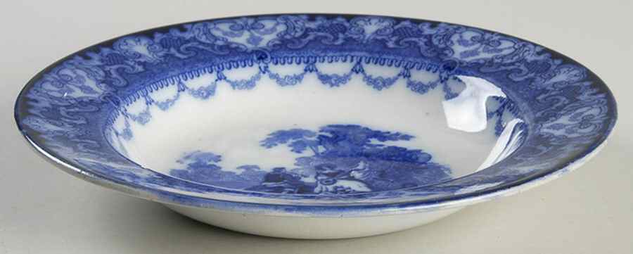 Watteau (Flow Blue, No Trim, Smooth) Rim Soup Bowl by Royal Doulton-1