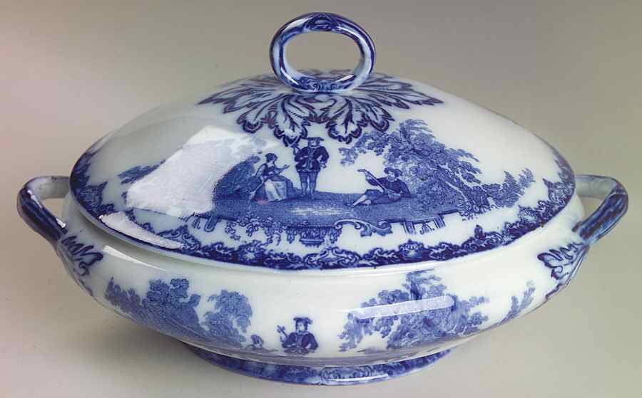 Watteau (Flow Blue, No Trim, Smooth) Round Covered Vegetable by Royal Doulton-1