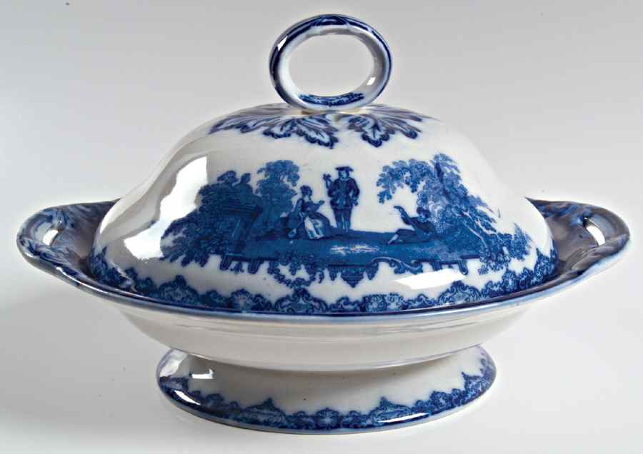 Watteau (Flow Blue, No Trim, Smooth) Round Covered Vegetable by Royal Doulton-1