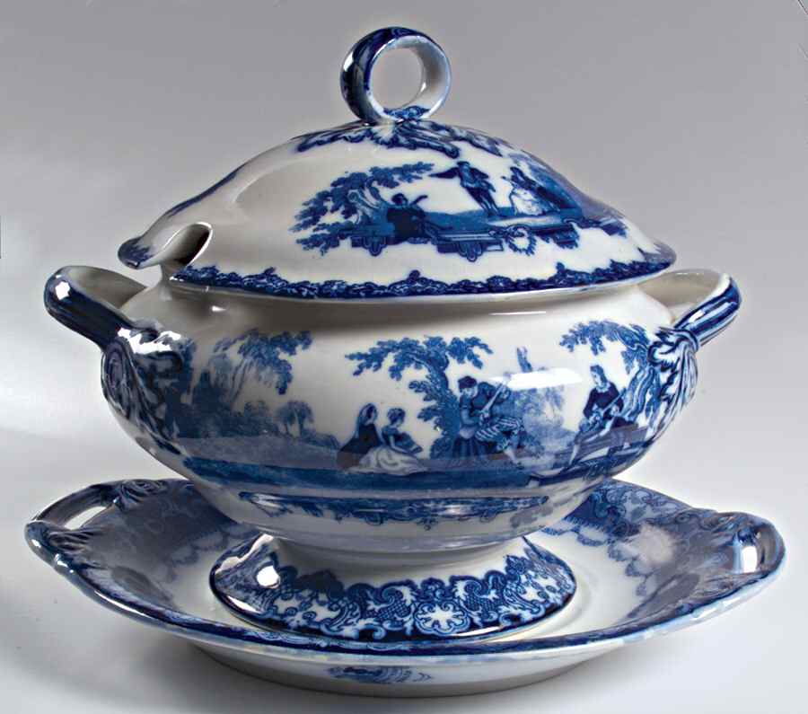 Watteau (Flow Blue, No Trim, Smooth) Tureen & Lid w/Underplate by Royal Doulton-1