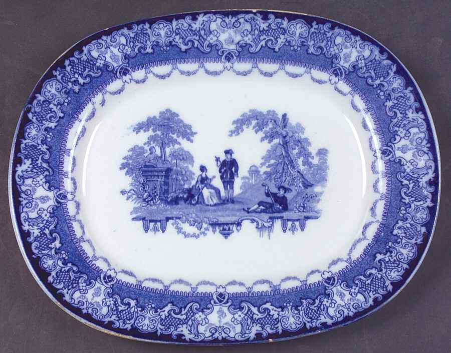Watteau (Flow Blue, No Trim, Smooth) 10" Oval Serving Platter by Royal Doulton-1