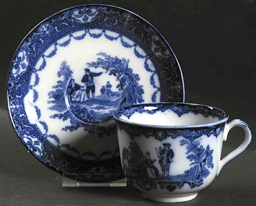Watteau (Flow Blue, No Trim, Smooth) Flat Cup & Saucer Set by Royal Doulton-1