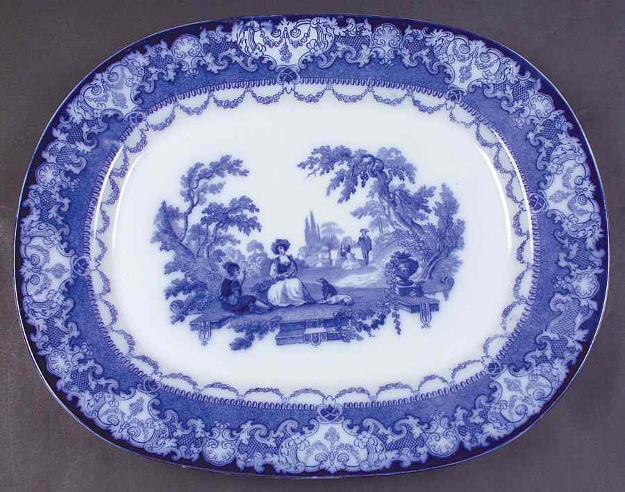 Watteau (Flow Blue, No Trim, Smooth) 15" Oval Serving Platter by Royal Doulton-1