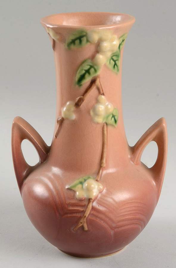 Snowberry Dusty Rose (Pink) 7" Handled Vase by Roseville-1