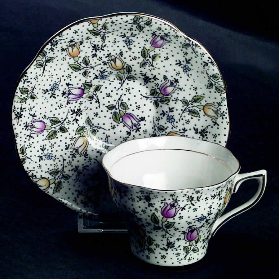 June (Black, Multicolor Flowers) Footed Cup & Saucer Set by Rosina-Queens-1