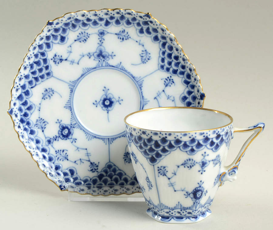 Blue Fluted Full Lace (Gold Trim) Footed Cup & Saucer Set by Royal Copenhagen-1