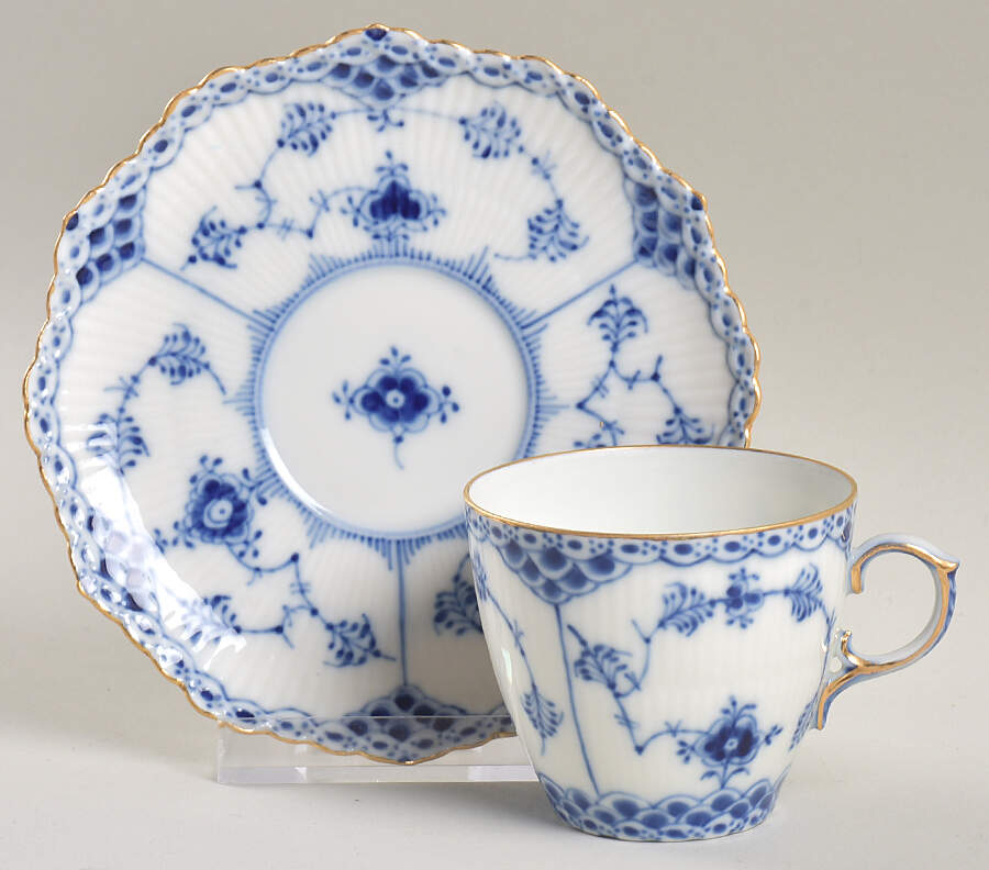 Blue Fluted Full Lace (Gold Trim) Flat Demitasse Cup & Saucer Set by Royal Copenhagen-1